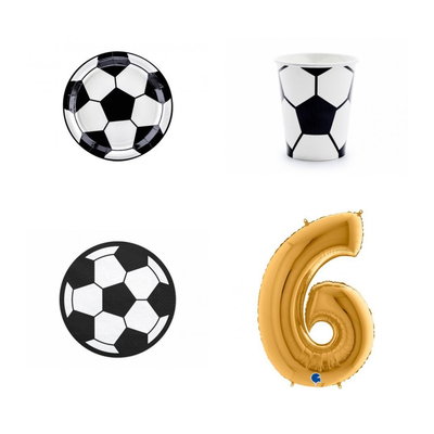 6-årskalas, Fotboll, kalaspaket, 6 gäster – paketets produkter med sifferballong 100 cm