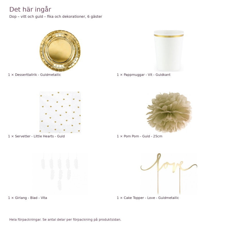 Dop – vitt och guld – fika och dekorationer, 6 gäster – innehåll och antal förpackningar