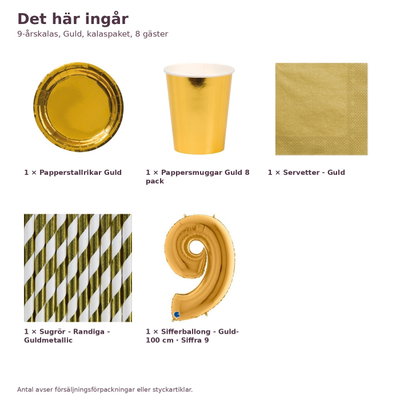 9-årskalas, Guld, kalaspaket, 8 gäster – innehåll och antal, sifferballong 100 cm
