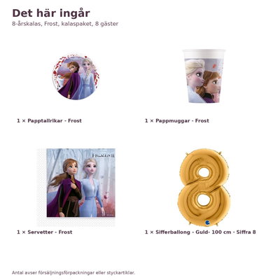 8-årskalas, Frost, kalaspaket, 8 gäster – innehåll och antal, sifferballong 100 cm