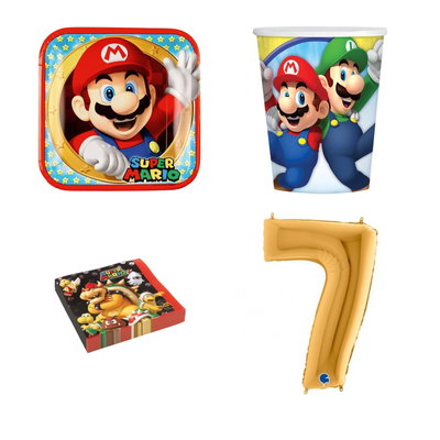 7-årskalas, Super Mario, kalaspaket, 8 gäster – paketets produkter med sifferballong 100 cm