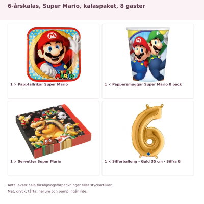 6-årskalas, Super Mario, kalaspaket, 8 gäster – innehåll och antal förpackningar