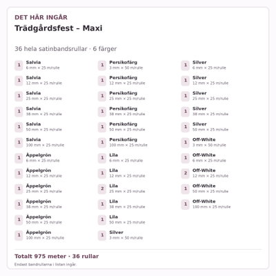 Det här ingår – Satinbandspaket – Trädgårdsfest – Maxi – 36 rullar