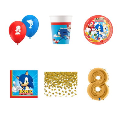 8-årskalas, Sonic, kalaspaket, 8 gäster – paketets produkter med sifferballong 100 cm