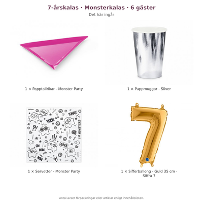 7-årskalas, Monsterkalas, kalaspaket, 6 gäster – innehåll och antal förpackningar