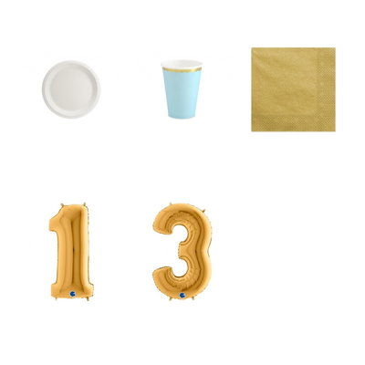 13-årskalas, Ljusblått och guld, kalaspaket, 6 gäster – paketets produkter med sifferballong 100 cm