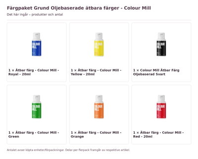 Färgpaket Grund Oljebaserade ätbara färger - Colour Mill – innehåll och antal förpackningar