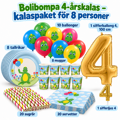Bolibompa 4-årskalas – kalaspaket för 8 personer – paketets innehåll och antal