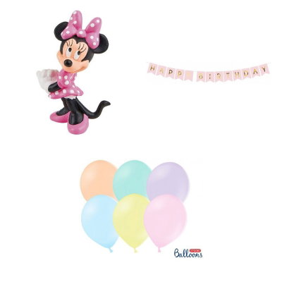 Mimmi Pigg / Minnie Mouse, dekorationspaket med tårtfigur och ballonger – sammansatt produktbild