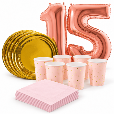 15-årskalas, Rosa och guld, kalaspaket, 6 gäster – samlat paketinnehåll