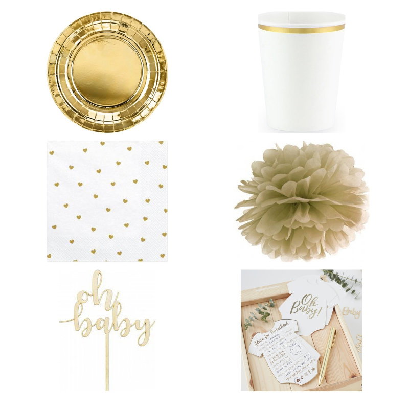 Babyshower – vitt och guld – dukning och minnen, 6 gäster – paketets produkter