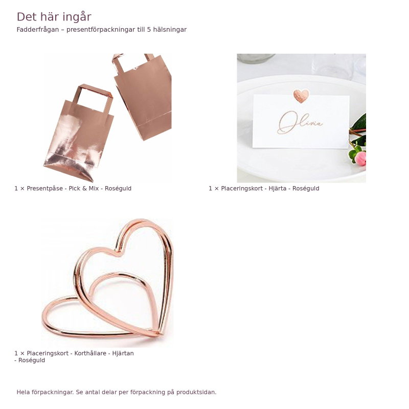 Fadderfrågan – presentförpackningar till 5 hälsningar – exakt innehåll och antal förpackningar