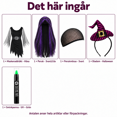Det här ingår i Nattens häxa – vuxenklänning med lila peruk och minihatt