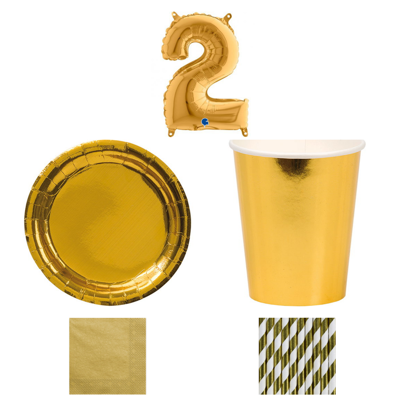 2-årskalas, Guld, kalaspaket, 8 gäster – sammansatt bild av paketets produkter