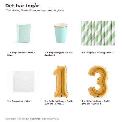 13-årskalas, Filmkväll, serveringspaket, 6 gäster – innehåll och antal, sifferballong 100 cm