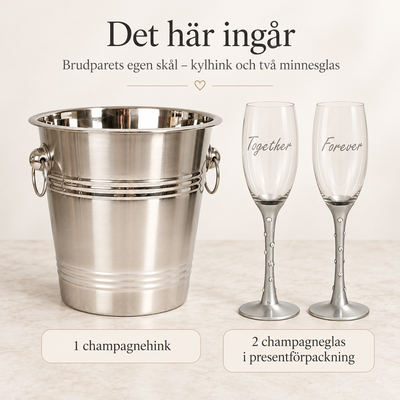 Det här ingår – Brudparets egen skål – kylhink och två minnesglas