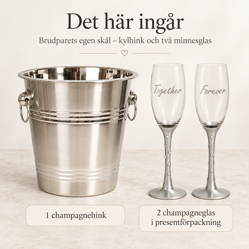 Det här ingår – Brudparets egen skål – kylhink och två minnesglas