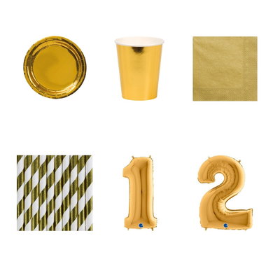 12-årskalas, Guld, kalaspaket, 8 gäster – paketets produkter med sifferballong 100 cm