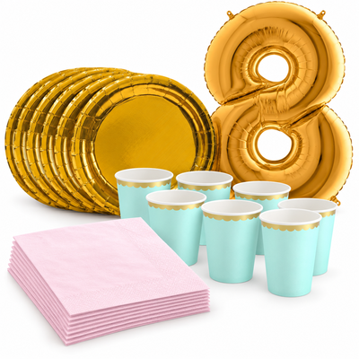 8-årskalas, Mint, rosa och guld, kalaspaket, 6 gäster – samlat paketinnehåll
