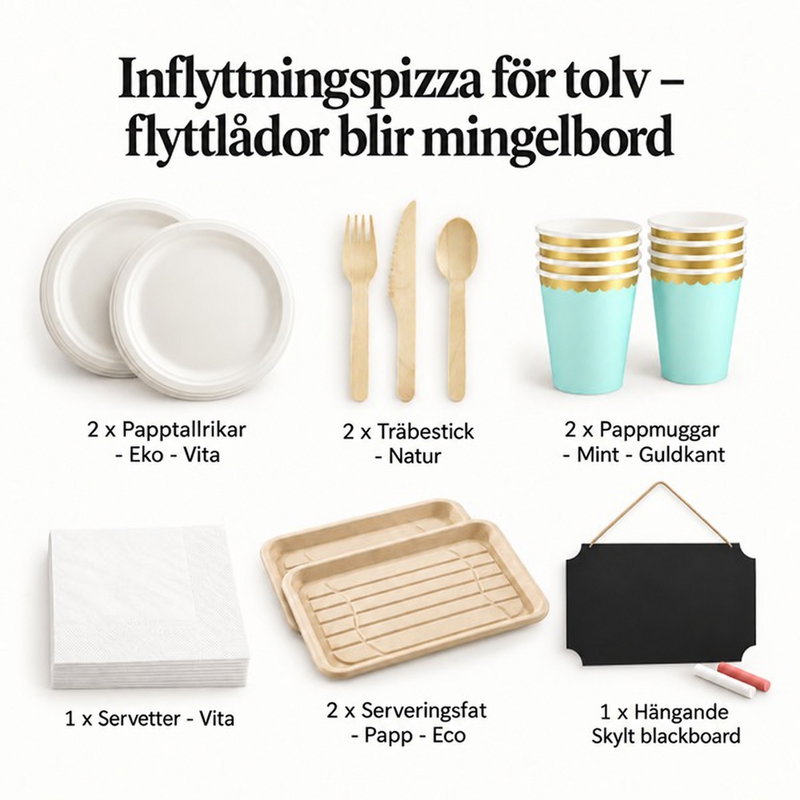 Inflyttningspizza för tolv – flyttlådor blir mingelbord – innehåll och antal försäljningsförpackningar