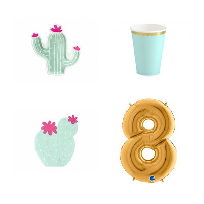 8-årskalas, Llama & kaktus, kalaspaket, 6 gäster – paketets produkter med sifferballong 100 cm