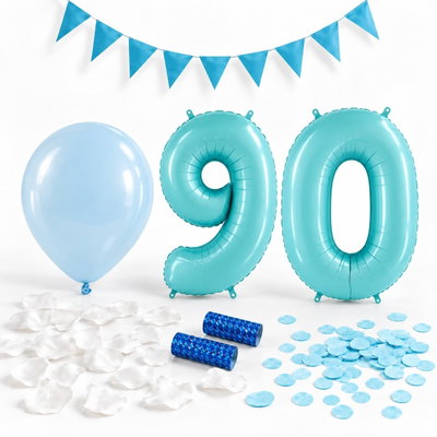 90-års festpaket, Blått, Stor – paketets dekorationer på vit bakgrund