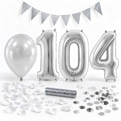 104-års festpaket, Silver, Stor – paketets dekorationer på vit bakgrund