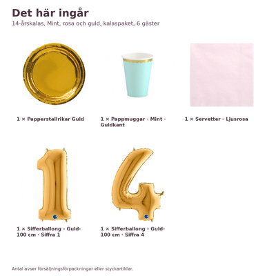 14-årskalas, Mint, rosa och guld, kalaspaket, 6 gäster – innehåll och antal, sifferballong 100 cm