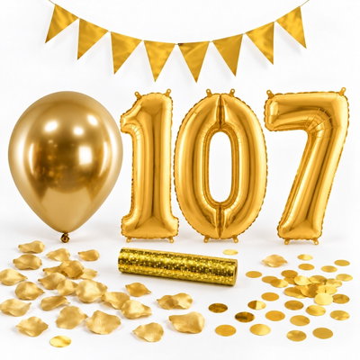 107-års festpaket, Guld, Stor – paketets dekorationer på vit bakgrund