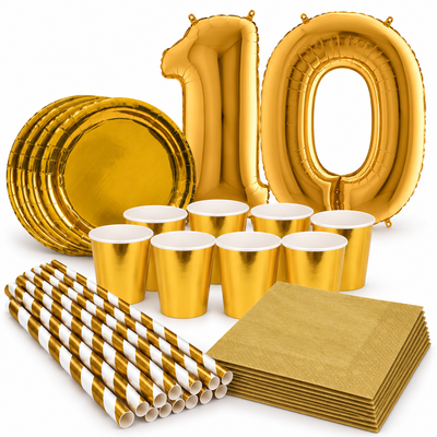 10-årskalas, Guld, kalaspaket, 8 gäster – samlat paketinnehåll