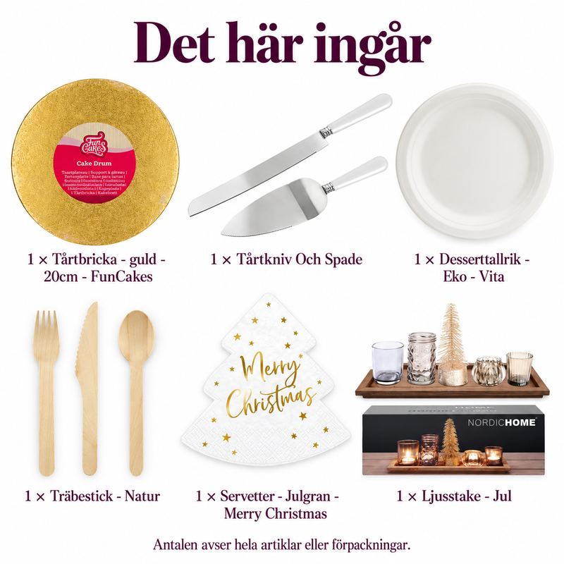 Det här ingår i Adventens lilla tårtbord för sex – granljus och guldbricka