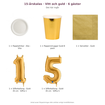15-årskalas, Vitt och guld, kalaspaket, 6 gäster – innehåll och antal förpackningar