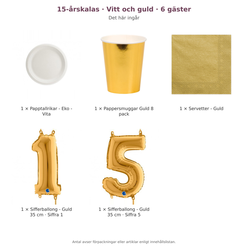15-årskalas, Vitt och guld, kalaspaket, 6 gäster – innehåll och antal förpackningar