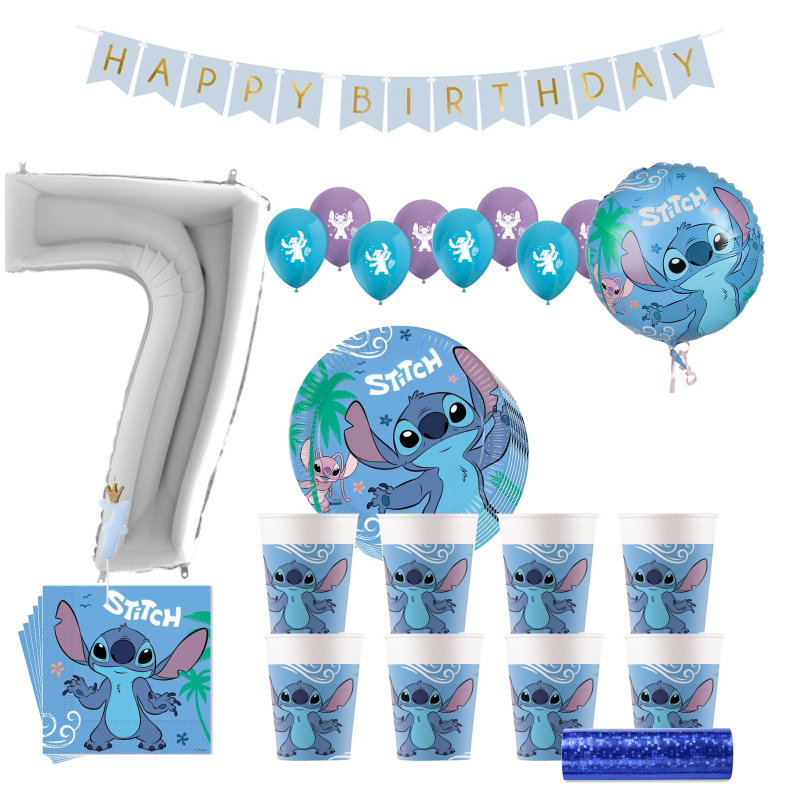 Stitch & Angel – 7-årskalas – kalaspaket för 8 gäster – paketets produkter