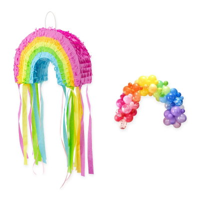 Regnbågskalas – pinata och ballongbåge