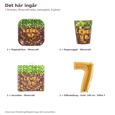7-årskalas, Minecraft-kalas, kalaspaket, 8 gäster – innehåll och antal, sifferballong 100 cm