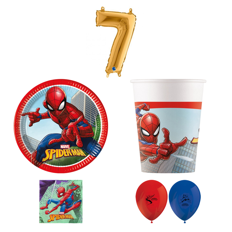 7-årskalas, Spiderman, kalaspaket, 8 gäster – sammansatt bild av paketets produkter