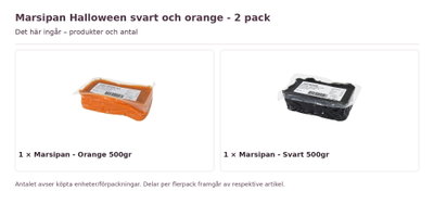 Marsipan Halloween svart och orange - 2 pack – innehåll och antal förpackningar