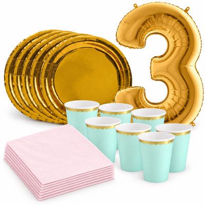 3-årskalas, Mint, rosa och guld, kalaspaket, 6 gäster – samlat paketinnehåll