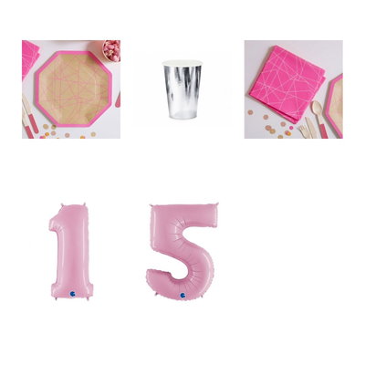 15-årskalas, Neonkalas, kalaspaket, 6 gäster – paketets produkter med sifferballong 100 cm