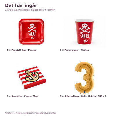 3-årskalas, Piratkalas, kalaspaket, 6 gäster – innehåll och antal, sifferballong 100 cm