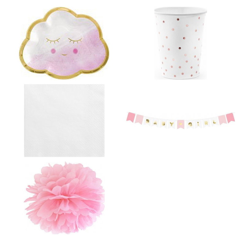 Babyshower flicka – rosa moln – fikapaket, 12 gäster – produktöversikt