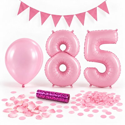 85-års festpaket, Rosa, Stor – paketets dekorationer på vit bakgrund