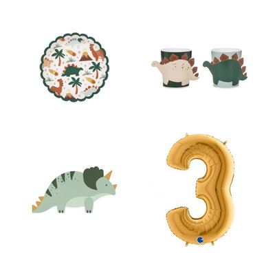 3-årskalas, Dinosauriekalas, kalaspaket, 6 gäster – paketets produkter med sifferballong 100 cm
