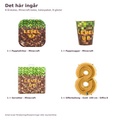 8-årskalas, Minecraft-kalas, kalaspaket, 8 gäster – innehåll och antal, sifferballong 100 cm