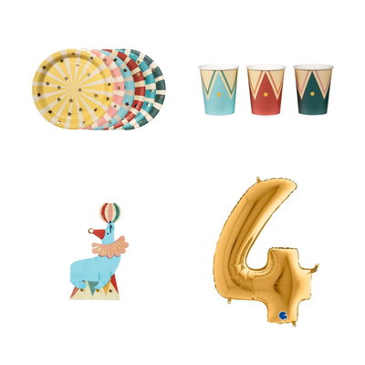 4-årskalas, Cirkus, kalaspaket, 6 gäster – paketets produkter med sifferballong 100 cm