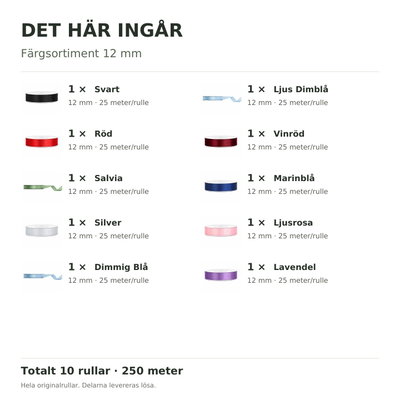 Det här ingår – Satinbandspaket – Färgsortiment 12 mm – 10 rullar
