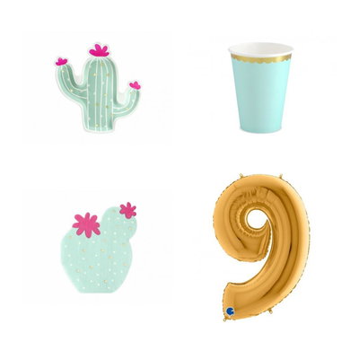 9-årskalas, Llama & kaktus, kalaspaket, 6 gäster – paketets produkter med sifferballong 100 cm