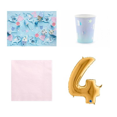 4-årskalas, Narwhal, kalaspaket, 6 gäster – paketets produkter med sifferballong 100 cm