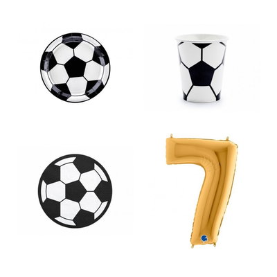 7-årskalas, Fotboll, kalaspaket, 6 gäster – paketets produkter med sifferballong 100 cm